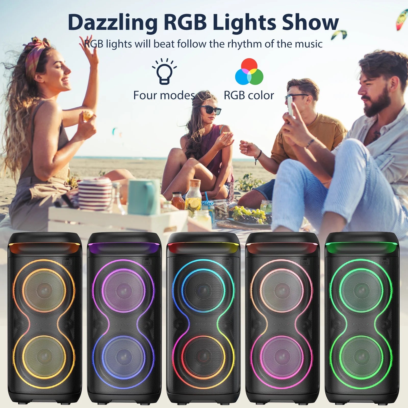 Large Party Speaker, Bluetooth Speaker with Dazzling Rgb Light, Two 6.5'' Subwoofer, T20